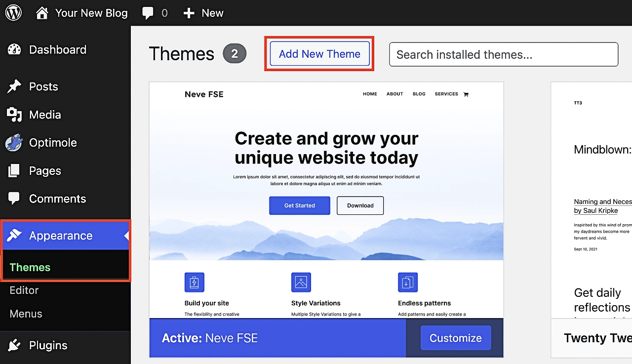 Adding a new WordPress theme to a free WordPress blog.