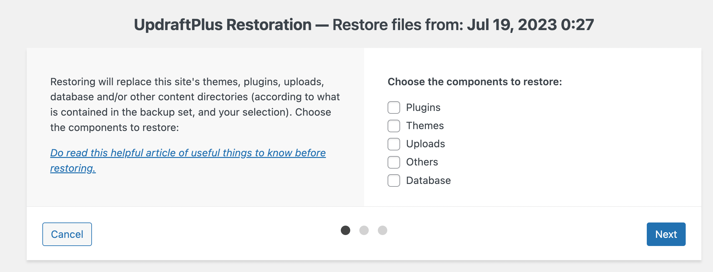UpdraftPlus restoration wizard.
