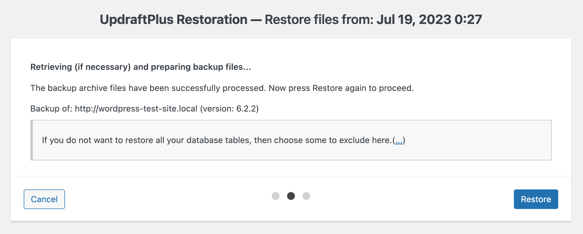 UpdraftPlus restore button.