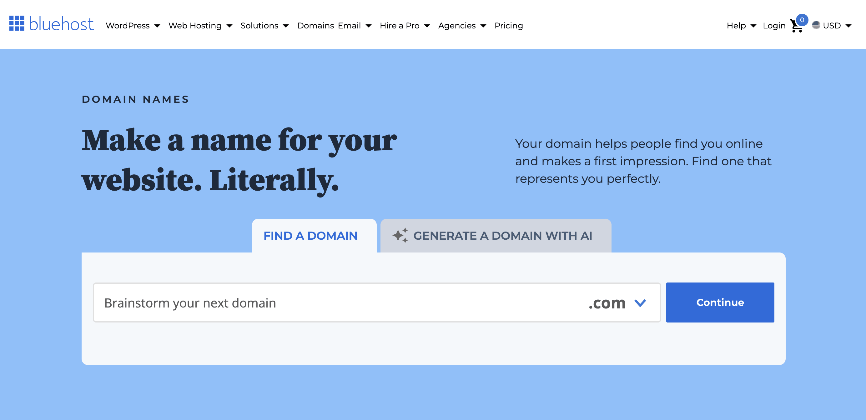 Bluehost domain registration page.