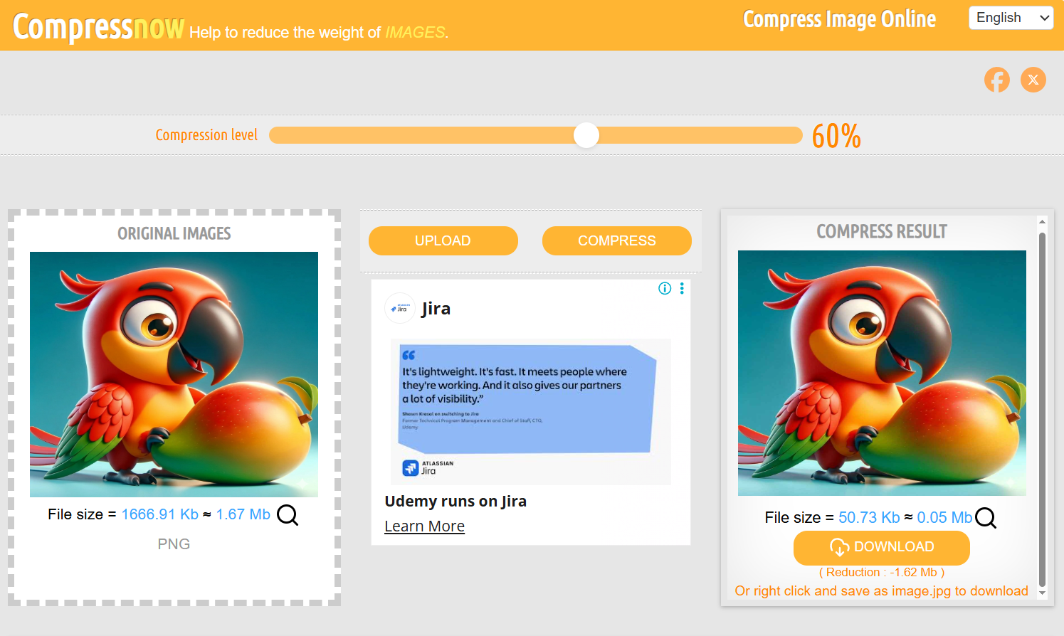 Compress Now interface showing uploaded image and compression output controls
