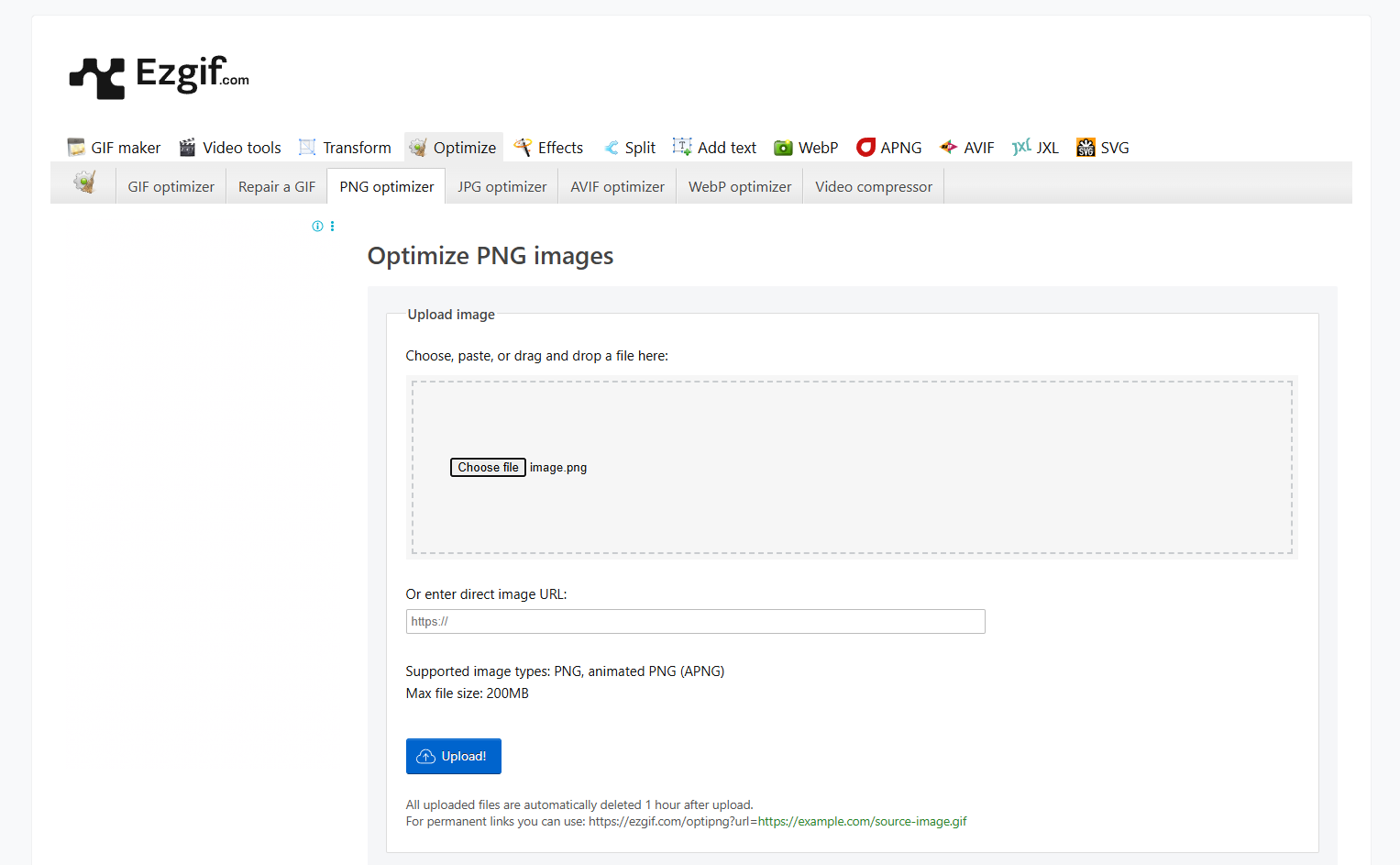 Ezgif PNG compressor page with upload form and optimization tools
