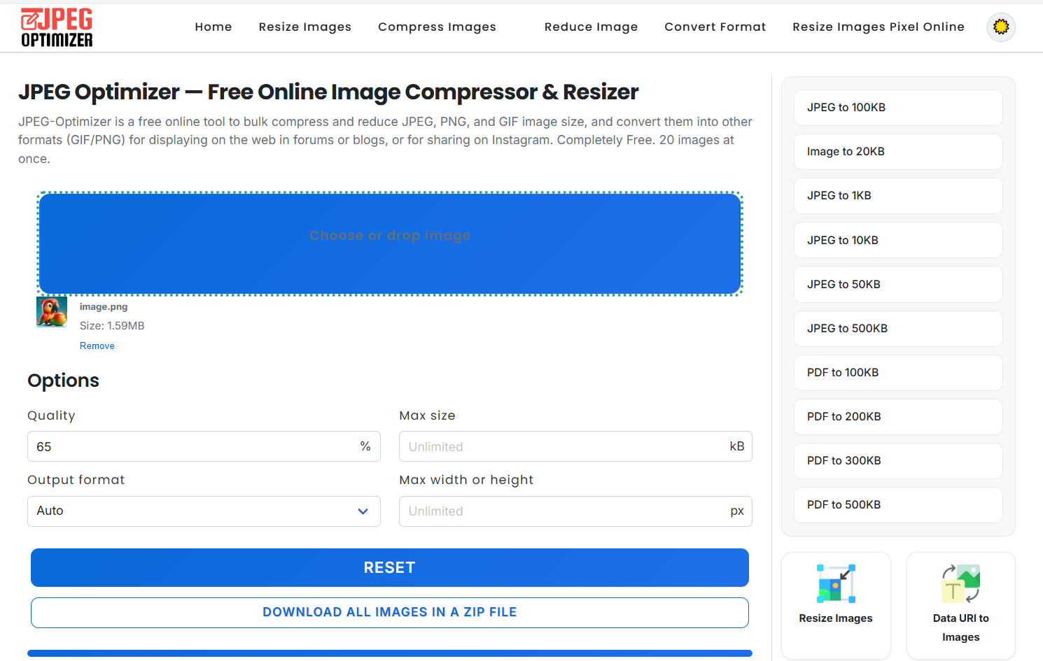 JPEG Optimizer page with upload controls and adjustable compression quality
