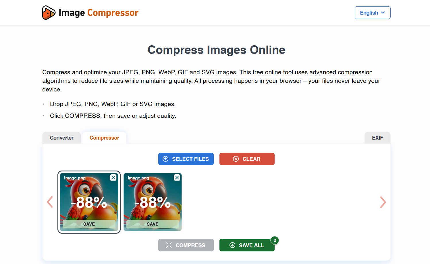 Optimizilla page showing image upload area and compression controls