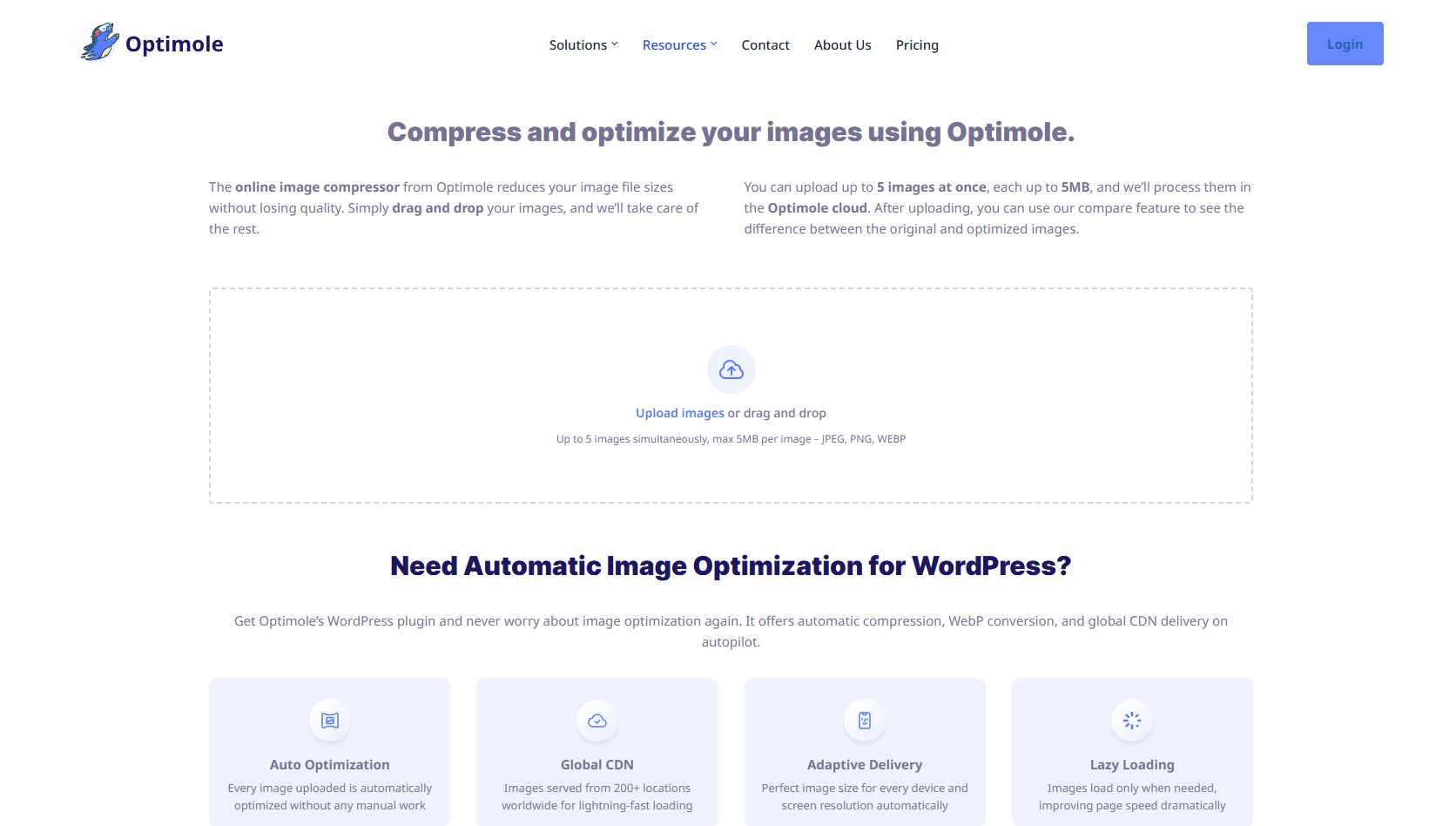 Optimole image compressor interface with upload options and compression settings